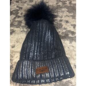 Bitts Kits Women's Plush Winter Metallic Blue Knit Hat with Pom